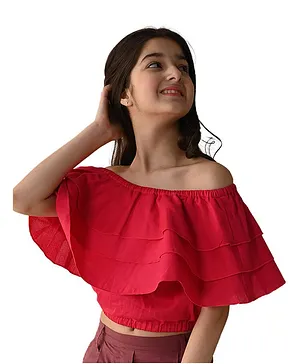 Lilpicks Couture Half Off Shoulder Sleeves Solid Flounce Layered Top - Pink