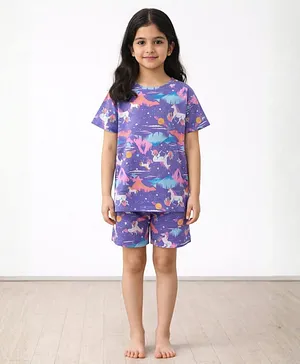 Anthrilo 100% Organic Cotton Half
                              Sleeves Unicorn Printed Tee & Shorts -
                              Purple