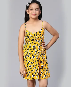 Oxolloxo Sleeveless Floral Printed Pleated Dress - Yellow