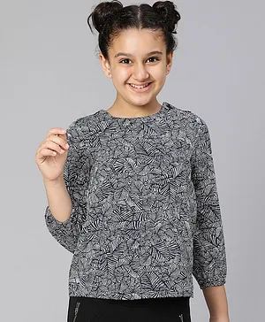 Oxolloxo Three Fourth Sleeves Seamless Forest Leaves Design Printed Top - Navy Blue