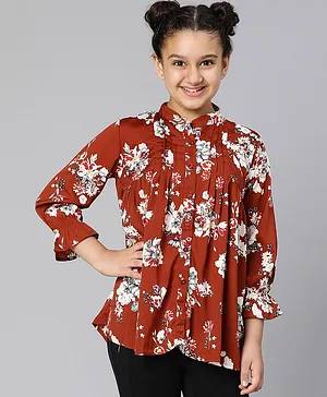 Oxolloxo Three Fourth Bell Sleeves Pleated Neckline Detailed & Floral Printed Flared Top - Brown