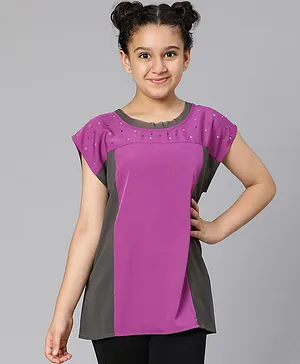 Oxolloxo Short Sleeves Stone Embellished Neckline Colour Blocked Top - Purple