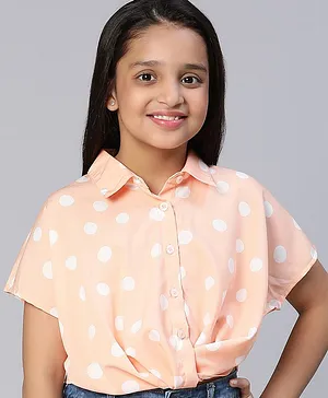 Oxolloxo Half Sleeves All Over Polka Dot Designed Shirt Style Top - Peach