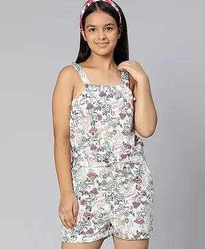 Oxolloxo Sleeveless All Over Floral Swirl & Leaf Printed Jumpsuit - Multi Colour