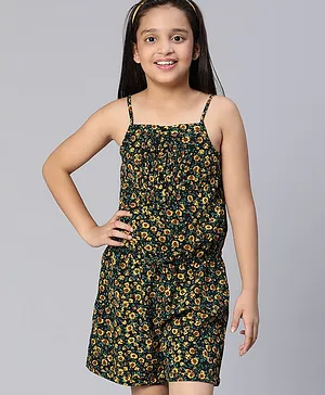 Oxolloxo Sleeveless All Over Sunflower & Leaves Printed Jumpsuit - Green