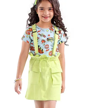 Ollington St. Half Sleeves Text Print Top with Knitted Pinafore for girls- Blue & Green