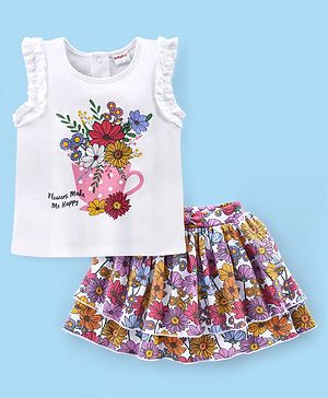 Babyhug 100% Cotton Knit Sleeveless Top & Skirt Set with Floral Print - White & Purple