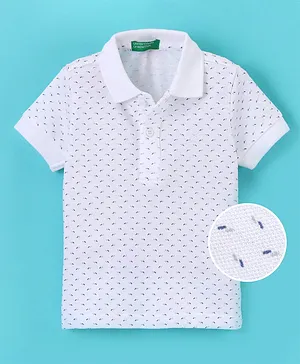 UCB Cotton Knit Half Sleeves Polo T-Shirt Dotted Lines Print - White