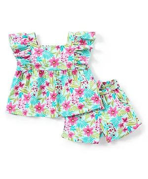 Babyhug 100% Cotton Knit Frill Sleeves Top & Shorts Set with Belt Detailing & Floral Print - Light Blue & Pink