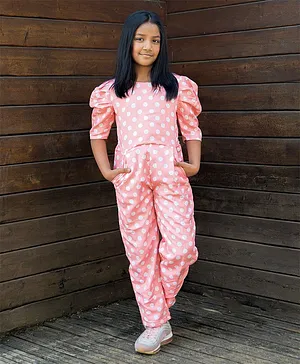 Fairies Forever Puffed Sleeves Polka Dots Printed Jumpsuit - Peach