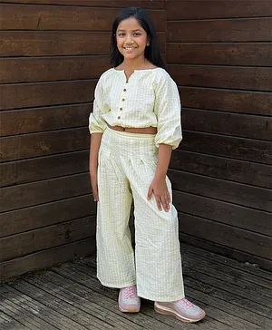 Fairies Forever Three Fourth Sleeves Checkered Crop Top & Pant Set - Yellow