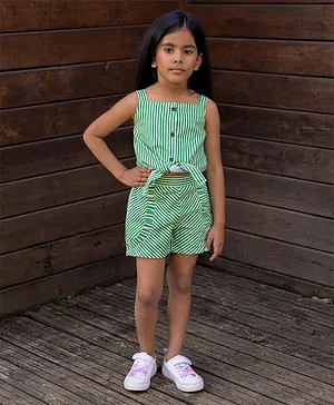 Fairies Forever Sleeveless Striped Front Tie Up Top & Shorts Set - Green