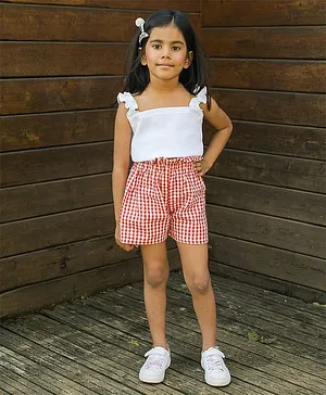 Fairies Forever Sleeveless Ruffled Ribbed Crop Top With Checkered Shorts - White Red