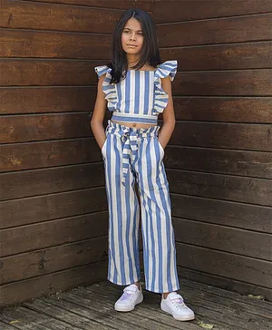 Fairies Forever Cap Sleeves Frill Detailed Awning Striped Crop Top With Coordinating Paper Waist Pant - Blue & White