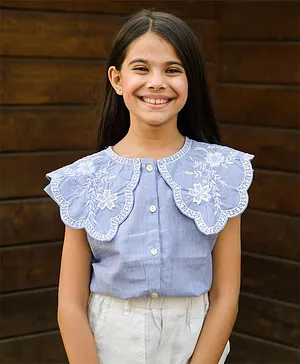 Fairies Forever Short Sleeves Floral Embroidered Top - Blue