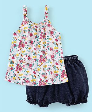 Babyhug 100% Cotton Knit Half Sleeves Top & Shorts Set Floral Print - Multicolour