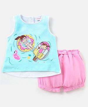 Babyhug 100% Cotton Sleeveless Top & Shorts Set Float Print - White Blue & Pink