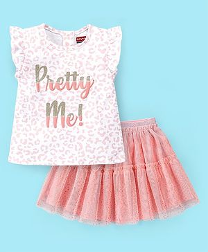 Babyhug 100% Cotton Half Sleeves Top & Skirt Set Text Print- Off White & Pink