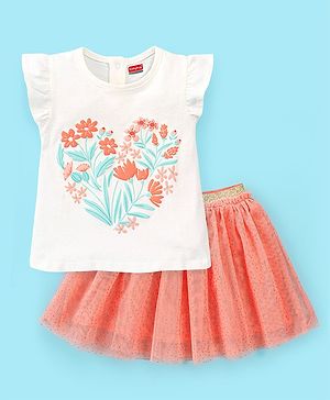 Babyhug 100% Cotton Half Sleeves Top & Skirt Set Floral Print- Peach
