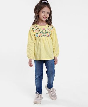 Babyhug Cotton Knit Full Sleeves  Floral Embroidered Top & Washed Denim Jeans Set - Yellow & Blue