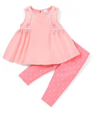 Babyhug 100% Cotton Sleeveless Top & Leggings Set Floral & Heart Print - Pink