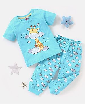 Babyhug Cotton Knit Half Sleeves Night Suit Giraffe Print - Blue