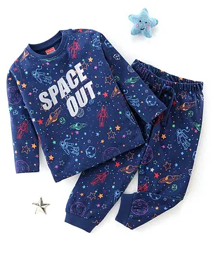 Babyhug Cotton Knit Full Sleeves Night Suit Space Print- Navy Blue