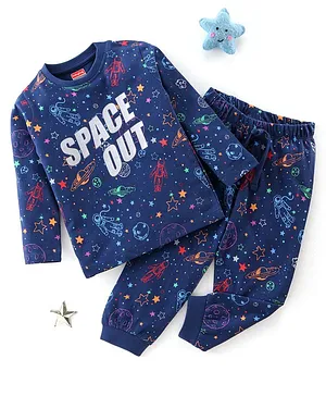 Babyhug Cotton Knit Full Sleeves Night Suit Space Print- Navy Blue