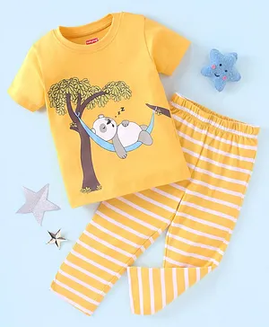 Babyhug Cotton Half Sleeves Night Suit Panda & Stripes Print- Yellow