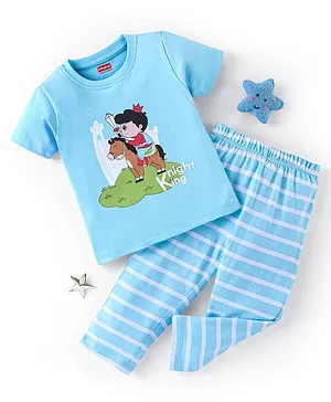 Babyhug Cotton Knit Half Sleeves Night Suit with Stripes & Knight Print - Blue