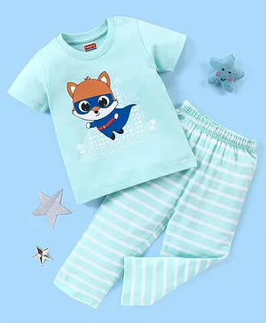Babyhug Cotton Knit Half Sleeves Night Suit  Fox Print With Stripes -  Blue