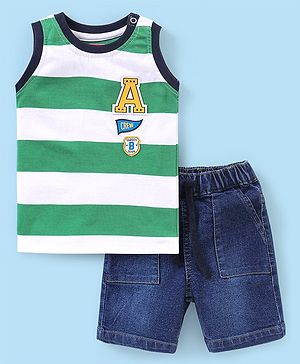 Babyhug Cotton Sleeveless T-Shirt and Shorts Set Striped - Green & White