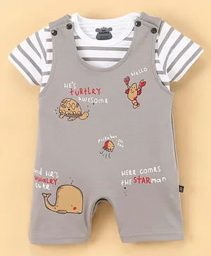 Mini Taurus Half Sleeves Striped Tee & Dungaree Style Romper Whale Print- Grey