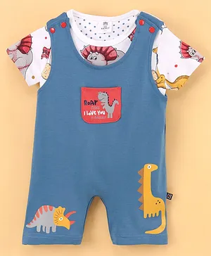 Mini Taurus Half Sleeves Tee & Dungaree Style Romper Dino Print- Blue & White