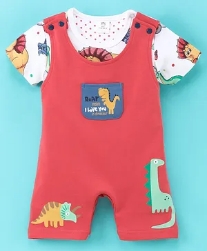 Mini Taurus Half Sleeves Tee & Dungaree Style Romper Dino Print- Red & White