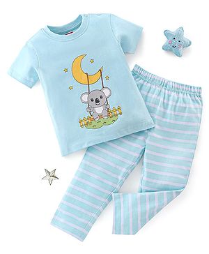 Babyhug Cotton Half Sleeves Night Suit Koala & Stripes Print- Blue