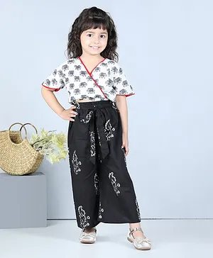 Kidcetra Half Sleeves Elephant Printed Tiny Pom Pom Detail Crop Top & Damask Floral Printed Palazzo - White & Black