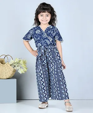 Kidcetra Half Sleeves Paisley Floral Printed Tiny Pom Pom Detail Crop Top & Abstract Motif Printed Palazzo - Blue