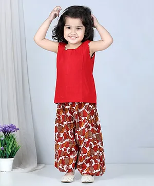 Kidcetra Sleeveless Solid Top With Seamless Sacred Fig Leaf Printed Palazzo - Red