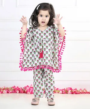 Kidcetra Bat Wing Half Sleeves Seamless Jaipuri Flower Motif Printed & Tassel Hem Embellished Kaftan Top With Coordinating Pant - White & Pink