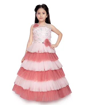 Betty By Tiny Kingdom Sleeveless Floral Veil Design Sequins Embellished & Appliqued Bodice Colour Blocked Tiered Layered Party Gown - Pink