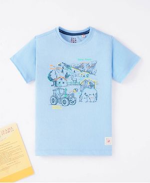 Ed-a-Mamma Half Sleeves Sustainable Cotton Farm Print with Embroidered T-Shirt - Blue