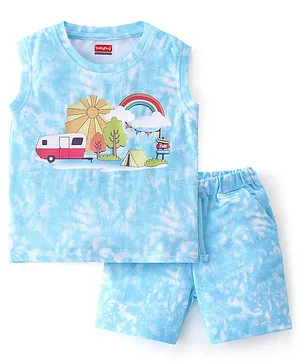 Babyhug 100% Cotton Knit Sleevelesss T-Shirt with Shorts Rainbow & Tie Dye Print - Light Blue