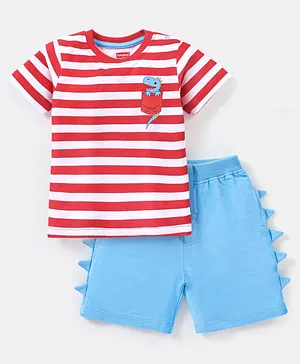 Babyhug 100% Cotton Knit Half Sleeves Striped T-Shirt & Shorts Set Dino Print - Red & Light Blue