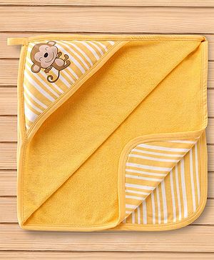Babyhug Double Layer Terry Monkey Print Hooded Towel L 73 x B 73 cm - Yellow
