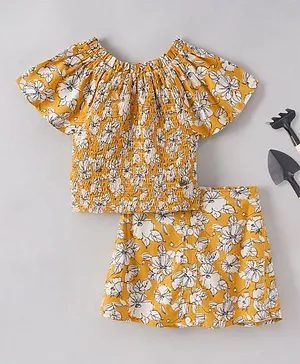 Ed-a-Mamma Cotton Sustainable Half Sleeves Floral Top & Skirts Set - Yellow