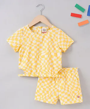 Ed-a-Mamma Cotton Sustainable Half Sleeves Crop Top and Shorts Checks Pattern Set - Yellow