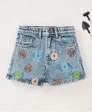 Ed-a-Mamma Sustainable Cotton Mid Thigh Length Floral Embroidered Denim Shorts - Light Blue