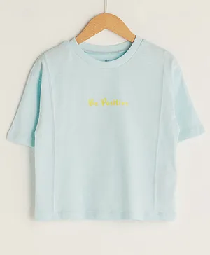 LC Waikiki Half Sleeves Be Positive Placement Printed Tee - Dull Blue