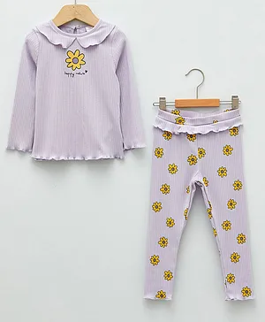 LC Waikiki Full Sleeves Sunflower Printed Ribbed Top & Leggings - Lilac